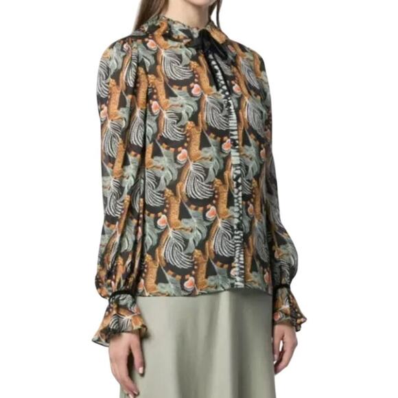 Temperley London Maggie Cheetah Leaf Feather Chiffon Blouse Size 6 - Picture 1 of 16